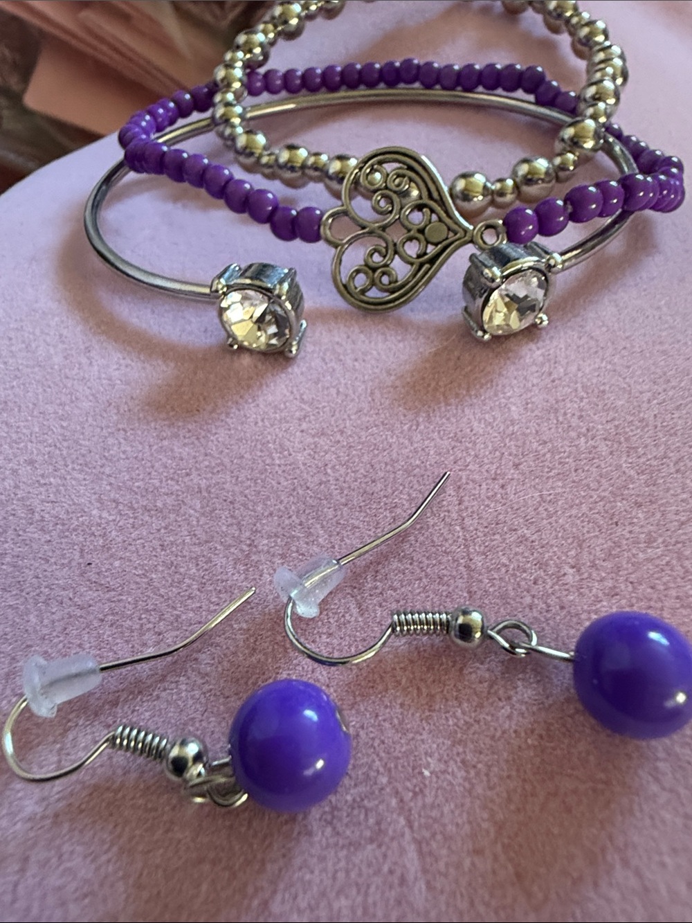 Purple Bead Bracelet Stack & Purple Bead Drop Earrings Set, (J0191)